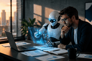 A wide cinematic image of a modern office at sunset showing a businessman and a white humanoid robot working side by side at a desk. A glowing transparent screen with charts and graphs floats above a laptop, while a blue digital brain made of connected light points glows in the background, suggesting advanced AI and workplace automation.