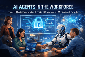 A modern office scene showing a team of professionals working alongside a humanoid AI robot at a meeting table. The robot is shaking hands with a team member while others use laptops displaying charts and data. In the background, a large digital screen shows a glowing padlock symbol, representing security and governance, along with a world map and data visualisations, highlighting AI integration and global collaboration in the workplace.