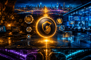 A cinematic privacy coin scene shows a glowing shielded token between cypherpunk laptops and institutional trading desks, symbolising Zcash’s return to the market spotlight.