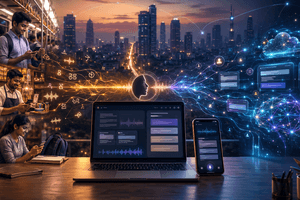 A cinematic image of voice AI transforming spoken language into digital writing across mobile devices in a modern Indian city setting.