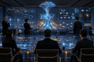A futuristic enterprise command centre where finance and engineering leaders monitor AI agent costs, workflow outcomes and risk dashboards.